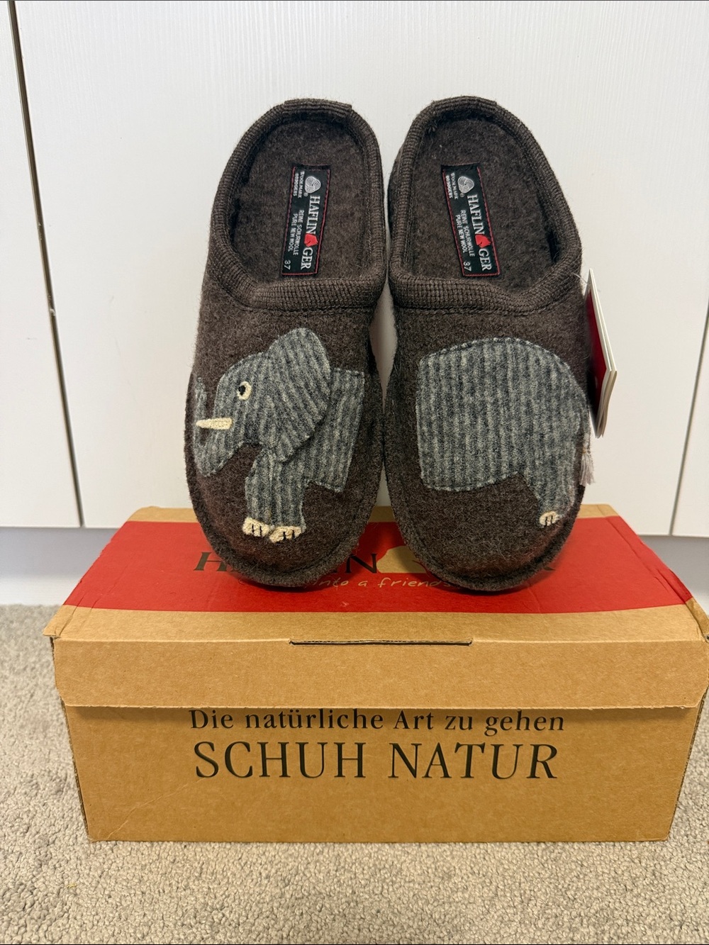 Haflinger Brown Elephant Wool Slippers with Gray Appliqué